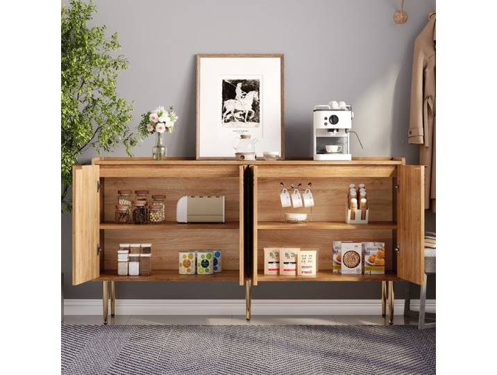 Buffet bas - ZEVKOR - Buffet Bas 4 Portes - 140×38×75 cm - MDF aspect bois - Pieds métal doré