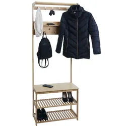 Bambus Standgarderobe HWC-N82, Garderobenständer Schuhregal Sitzbank Schuhbank, Kleiderhaken FSC® 170x70x31cm