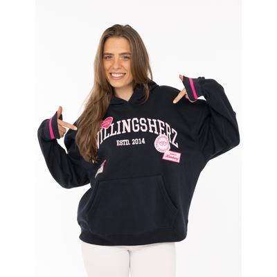 Hoodie ZWILLINGSHERZ "Zwillingsherz Patches", Damen, Gr. XL, schwarz (marine), Obermaterial: 50% Baumwolle, 50% Polyester, Sweatshirts Hoodie, Oversize-Fit, Kapuze, großer Schriftzug und Patches, Kängurutasche