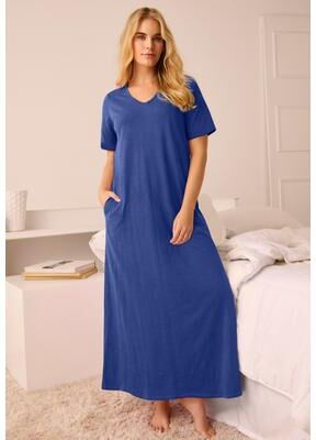 Plus Size Women's V-Neck Short Sleeve Maxi T-Shirt Lounger by Dreams & Co. in Ultra Blue (Size S)
