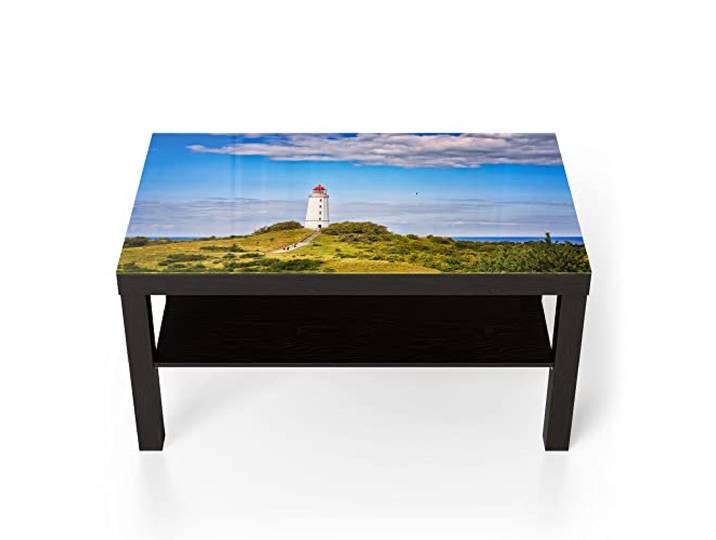 DEQORI Glastisch schwarz groß 90x50 cm Motiv Leuchtturm auf Hiddensee ausgefallener Beistelltisch aus Glas Hochglanz Couchtisch fürs Wohnzimmer moderner Couch Tisch mit Design
