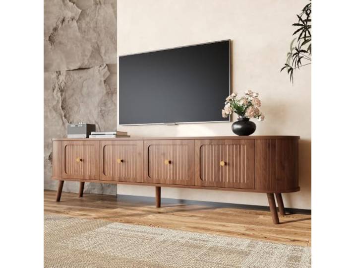 QQJIN TV Lowboard 180cm Walnuss Holz 4 Türen Goldene Griffe Fernsehschrank mit Klapptüren und Holzbeinen, TV-Bank im Vintage-Stil, TV-Möbel für Wohnzimmer mit Stauraum