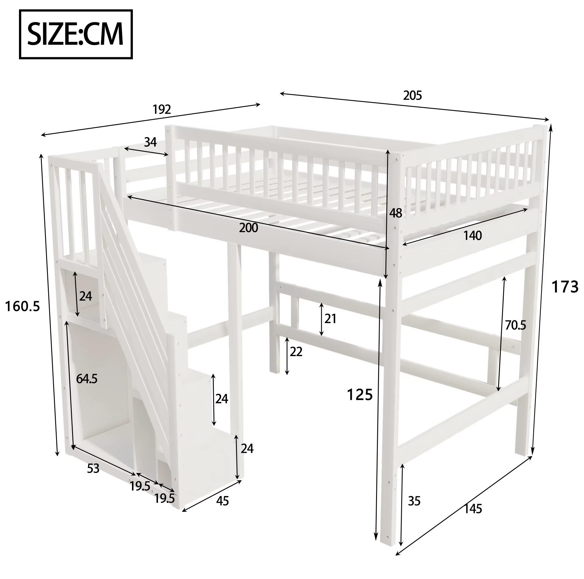Kinderbett - Etagenbett - Massivholz - Treppe - Stauraumschrank - Hohes Schutzgitter - 140 x 200 cm - Weiß