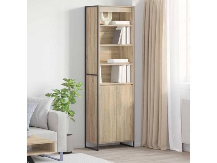Eleganter hoher Schrank mit rechteckiger Form und Holzwerkstoff - Moderner hoher Schrank mit Holzwerkstoff und schlanker mit Stahlbeinen - Aufbewahrungsschrank industrielles