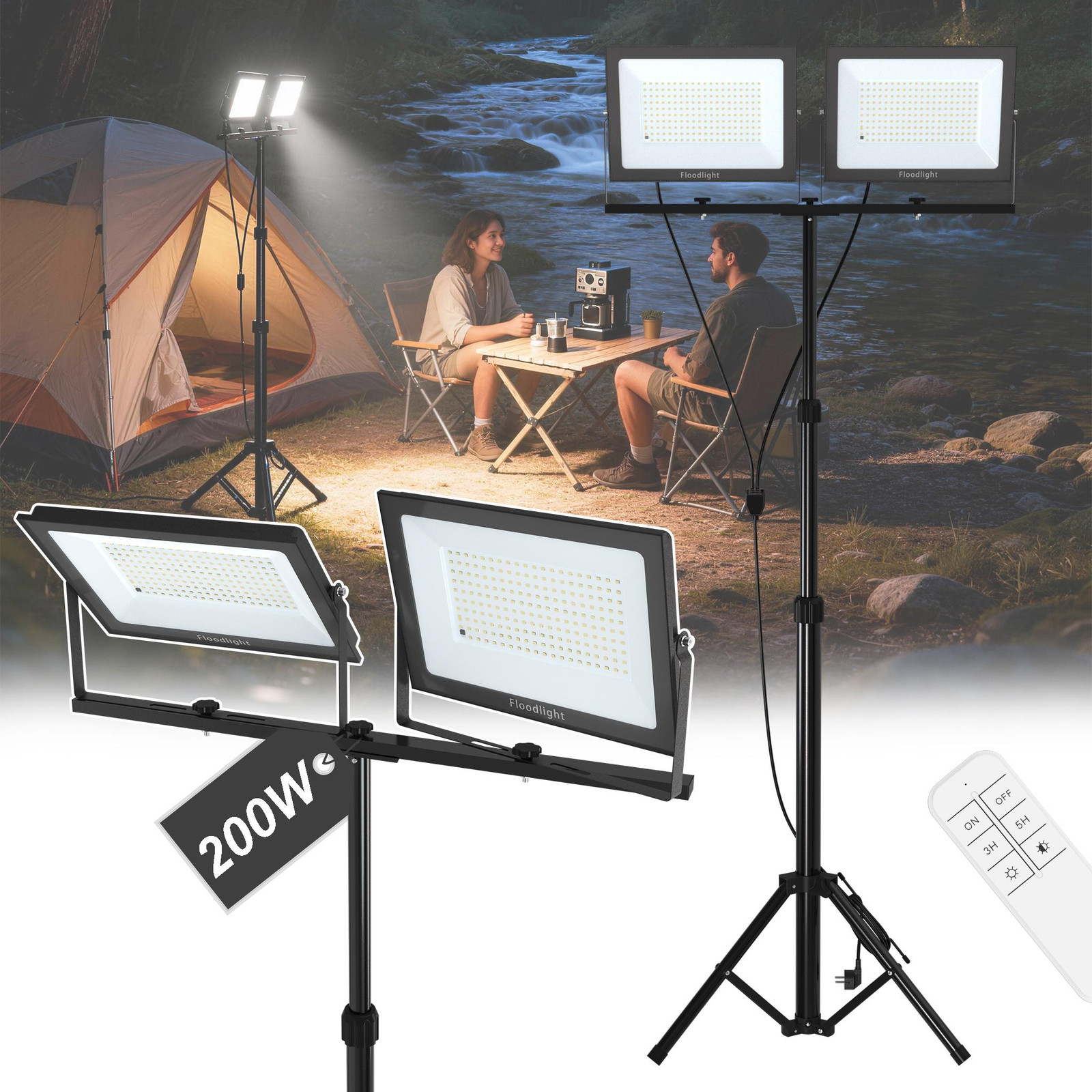 UISEBRT LED-schijnwerper 2x200W met verstelbaar statief en afstandsbediening, dimbare bouwlamp met aluminium behuizing