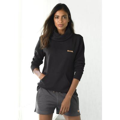 Longsweatshirt BENCH. LOUNGEWEAR, Damen, Gr. 32/34, schwarz, Sweatware, Obermaterial: 60% Baumwolle, 40% Polyester, unifarben, Basic, Basic hüftbedeckend, ohne Ausschnitt, breiter Bund, Sweatshirts, mit Stehkragen in Layeroptik und Kängurutasche,...