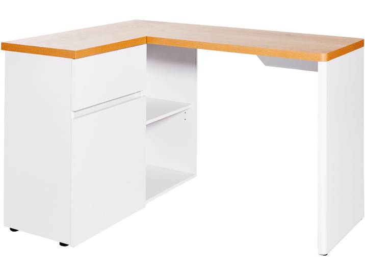 Eckschreibtisch JAHNKE CU-LIBRE 125 E , braun (kerneiche, weiß, weiß, kerneiche), B:117cm H:76,2cm T:90cm, Tische, Eckschreibtisch, wechselseitig montierbar