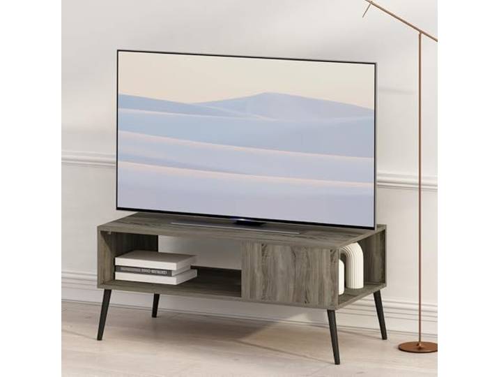 Furinno Claude TV-Ständer, Entertainment-Center im Mid-Century-Stil, TV-Konsole für Fernseher bis 102 cm mit Holzbeinen, für Wohnzimmer, Schlafzimmer, French Oak