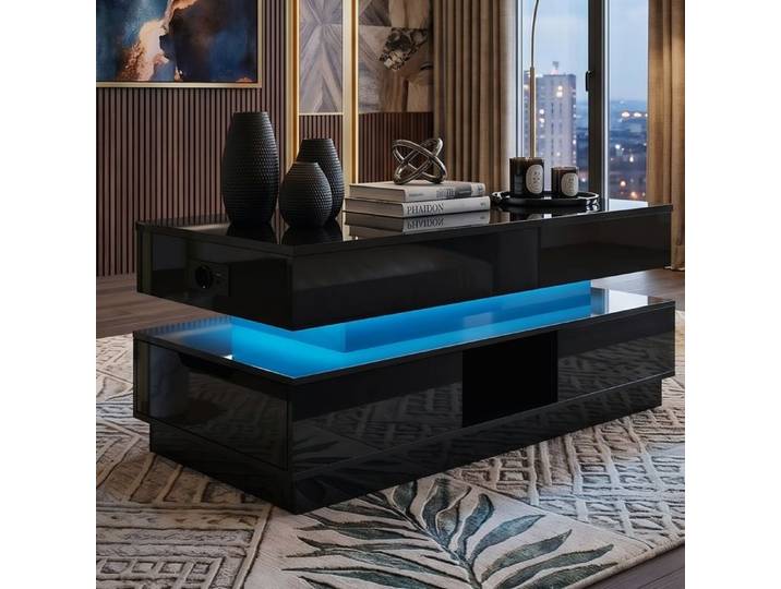 Table Basse Multifonctionnelle 90x48cm Noir Brillant Bureau Relevable Rangement Optimisé & LED Intégrée Prise Électrique