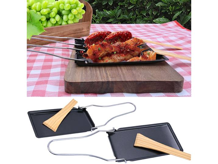 2er-Set Grillpfännchen mit klappbarem Griff und Holzspatel, Raclette