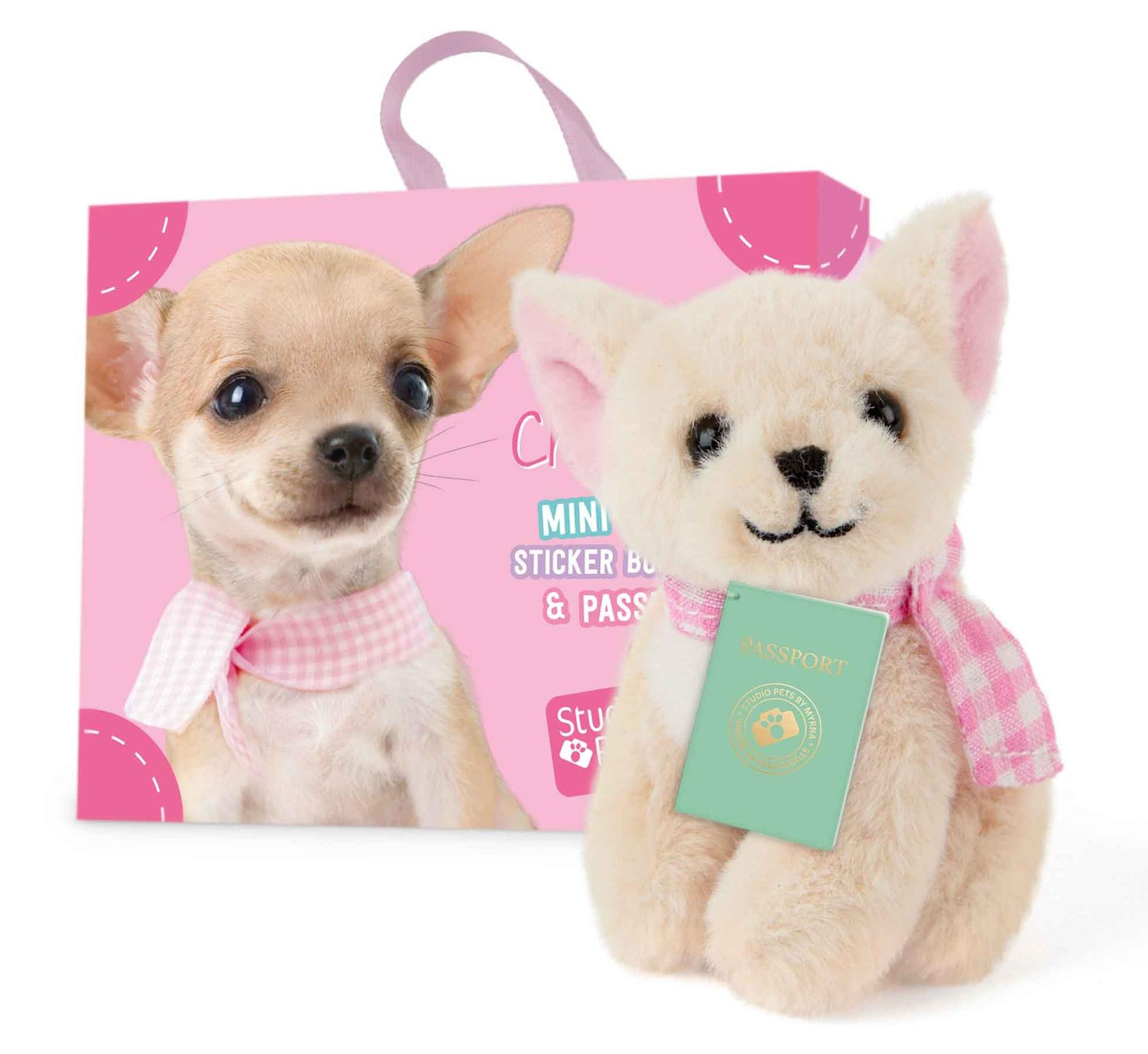 Studio Pets knuffel Chihuahua Pinkie met koffer en stickers