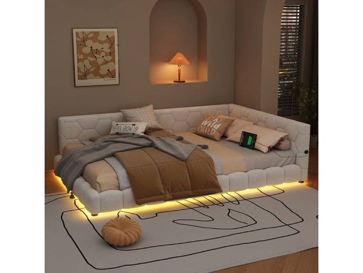 Lit 140x200 cm - Lit Double 140x200 - Lit Banquette avec Éclairage LED 16 Couleurs et Ports USB/Type-C - Bouclette Blanc