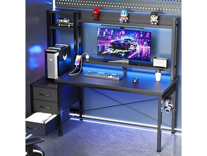 Bureau Gaming LED avec Étagère et Tiroirs 150x48cm Bureau Gamer Prise et support moniteur Bureau d'ordinateur avec rangement