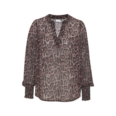 Chiffonbluse LASCANA, Damen, Gr. 44, braun (leo print), Chiffon, Obermaterial: 100% Polyester, bedruckt, figurumspielend hüftlang, V-Ausschnitt, Smokbündchen, Blusen Chiffonbluse, mit Leodruck und V-Ausschnitt, Damenbluse, elegant-chic