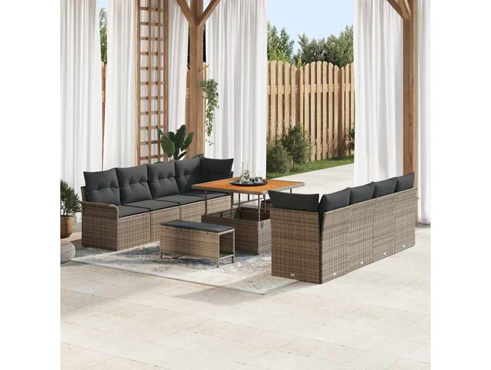 vidaXL Garten-Sofa-Set Grau Poly Rattan, Steel and Solid Acacia Wood