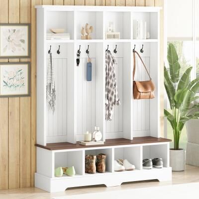 "59""Farmhouse Hall Tree with Shoe Bench, Mudroom Storage Organizer with 8 Coat Hooks,4 Top Open Cubbies & Vertical Beadboard Back"