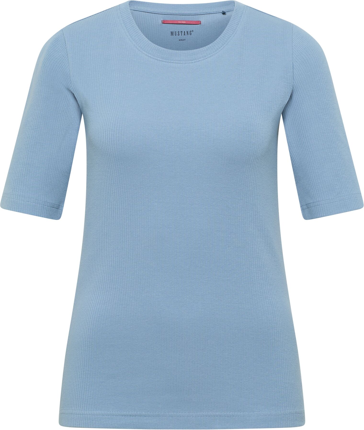 3/4-Arm-Shirt MUSTANG "Damen Style Avery", Damen, Gr. S, blau (hellblau), Strick, 95% Baumwolle, 5% Elasthan, Rundhals, Shirts 3/4-Arm-Shirt hellblau S
