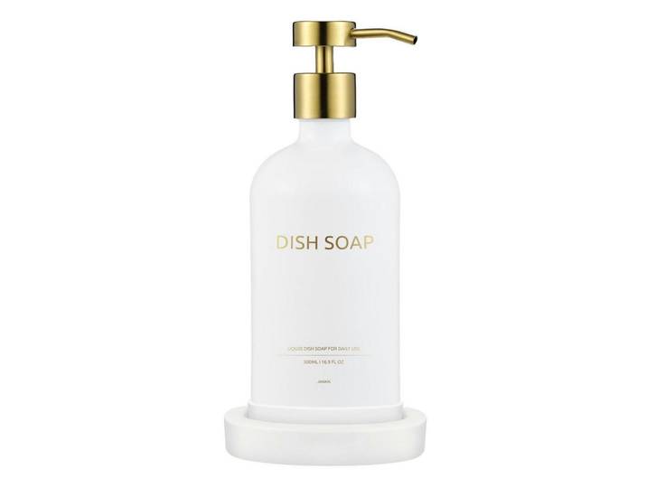 Seifenspender Set Glas 500ml mit Keramikschale Weiß, 12x13x6 cm, Badaccessoires, Seifenspender