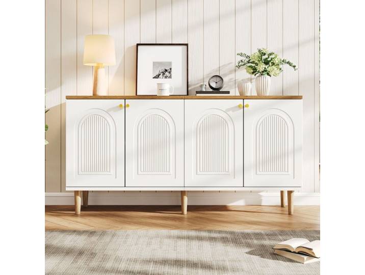 Buffet aspect bois blanc meuble de rangement avec 4 portes design en Relief poignées en métal doré buffet de salon 140x35x71cm