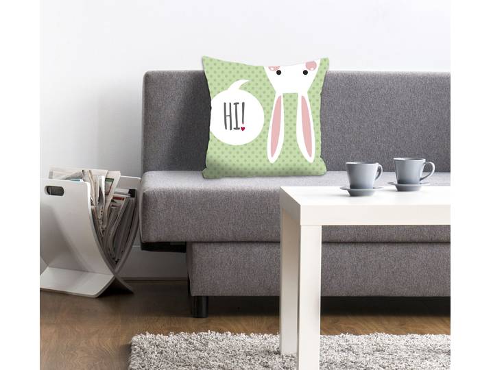 Dekokissen QUEENCE Maverik , grün (grün, bedruckt), B:40cm L:40cm, Polyester, Dekokissen_Sitzkissen_Kissenhüllen, Dekokissen, mit einem sprechenden Hasen