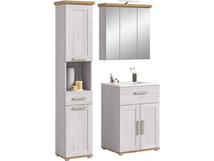 Badmöbel-Set WELLTIME COSENZA, 3-teilig, inkl. Beleuchtung, mit farblich abgesetztem Kranz , weiss (sibiu lärche nachbildung), B:115cm H:187cm T:34cm, Kastenmöbel-Sets, Badmöbel-Set, Bad-Kombination, Badezimmer, Kombi, Bad, Bad-Möbel