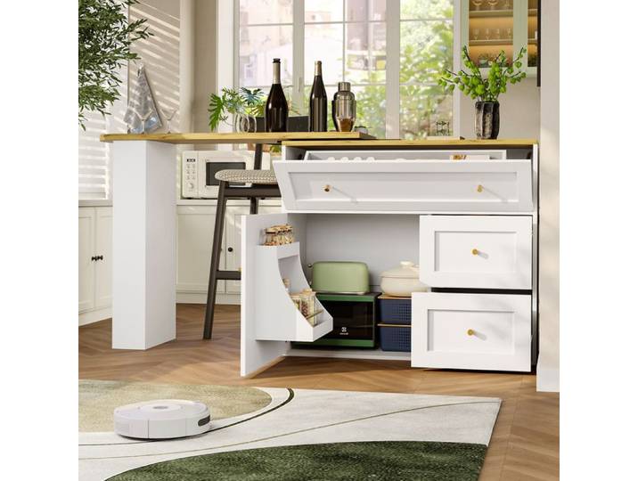 Nouveaux matériaux écologiques Table à manger extensible avec espace de rangement (138-204×39×105cm) Armoire de cuisine Cuisiniè