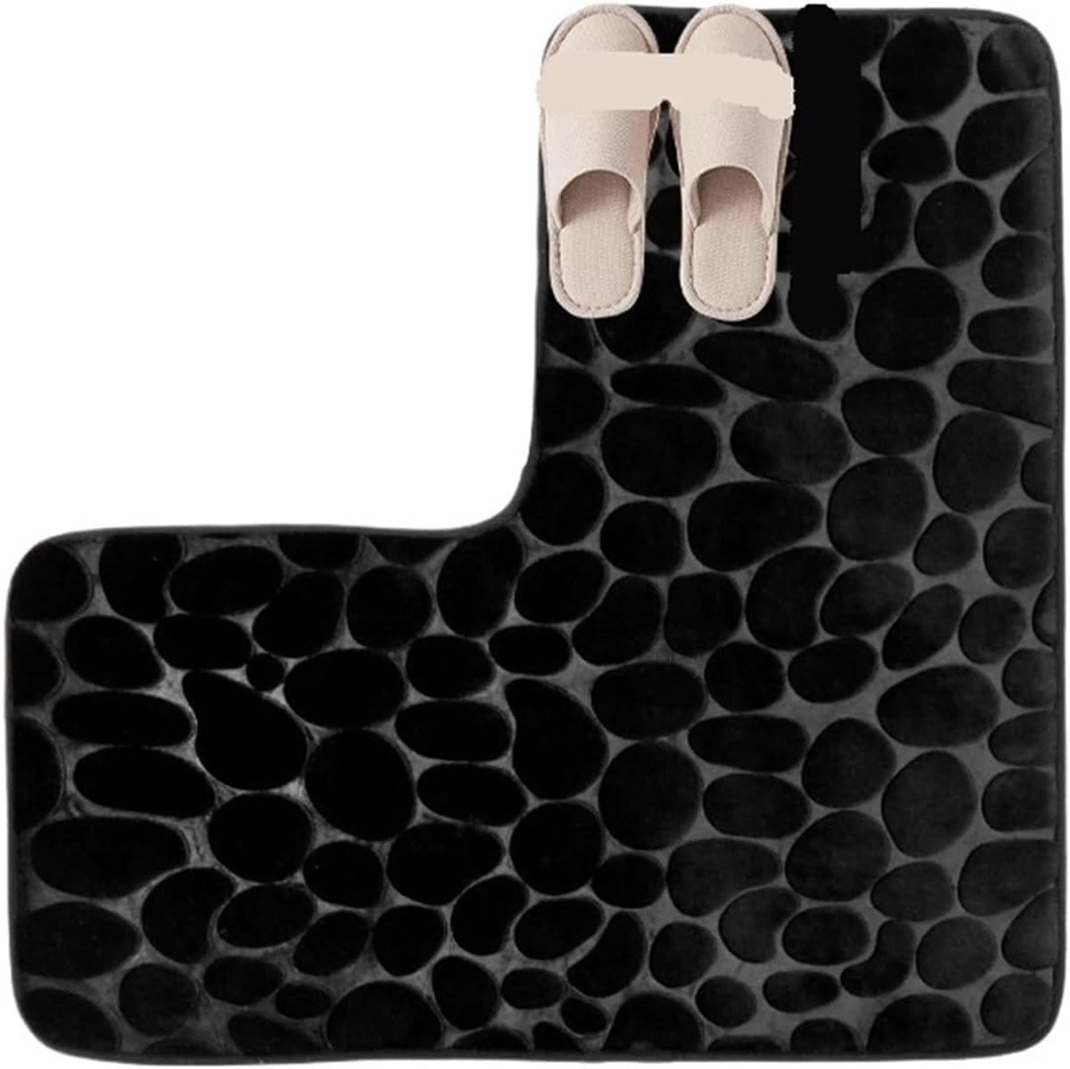 Zwarte L-vormige badmat met antislip onderkant voor een veilige badkamer