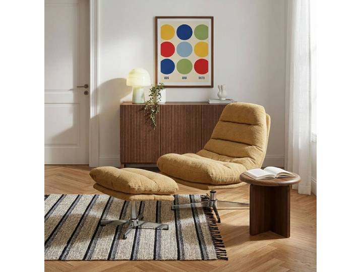 Fauteuil rotatif 1 place + repose-pieds tissu jaune moutarde