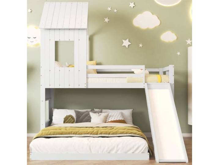 Lit superposé - Blanc - 90x200cm & 140x200cm - Avec toboggan - Antichute - Enfant