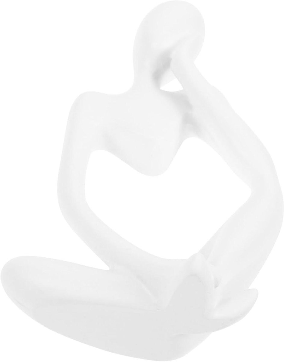 Abstract Beeld Denker Figuur Wit - Handgesneden Decoratie voor op Tafel - Hoogte: 10,60 cm