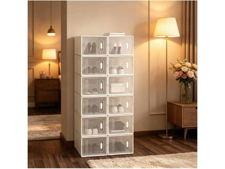 Meuble à chaussures modulaire 12 Boîtes empilables avec ouverture frontale - MEUNIQ - Plastique Blanc et Transparent
