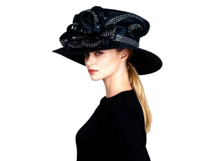 Chapeau melon noir à large bord pour femmes, avec strass à fleurs, pare-soleil plat, pour robe de soirée de thé formelle, Cocktail