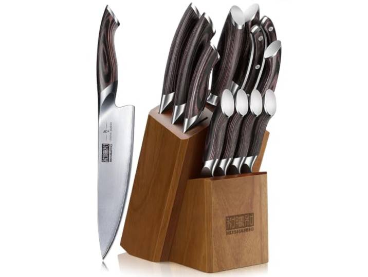 HOSHANHO 12PCS Messerset mit Block, Ultrascharf Japanisches Küchenmesserset Professioneller Küchenmesser Set aus Japanischem Hochkarbonhaltigem Edelstahl, Ergonomischer Griff, Schärfen und Schere