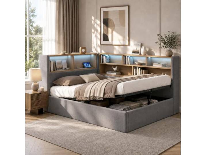 Merax Daybett Tagesbett 140x190 cm mit hydraulischem Stauraum, LED, USB, Typ-C & Samt – Grau (Ohne Matratze)