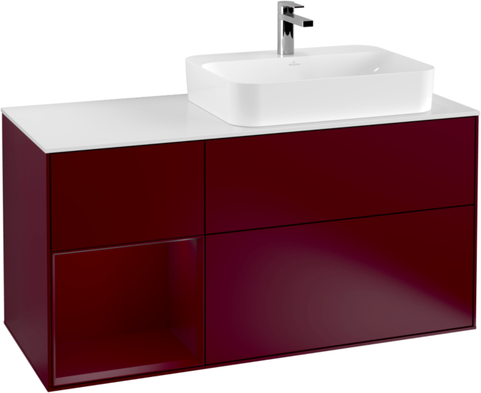 Villeroy und Boch Finion Waschtischunterschrank F391HBHB 120cm, Abdeckplatte white matt, Regal links Peony, Peony Matt