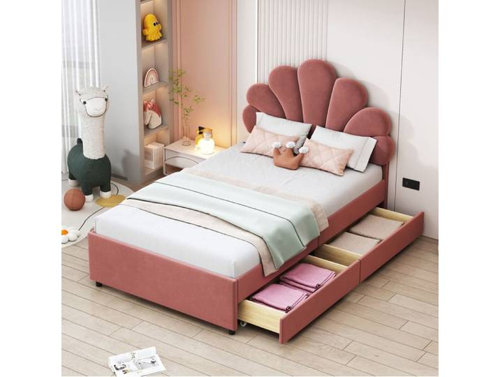 Lit capitonné enfant 90 x 200 cm avec tête fleurie et 2 tiroirs rose