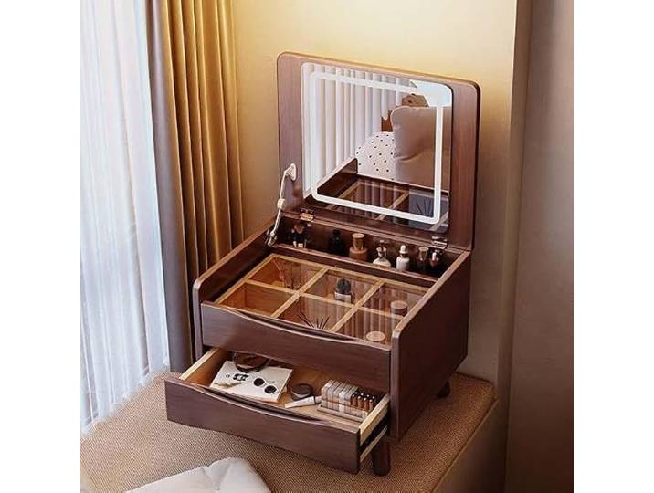Dalumian Schminktisch mit Erkerfenster, Schminktisch aus Holz Klappspiegel, 3-farbig dimmbar, Schublade und Tischplatte aus Sicherheitsglas, für Mädchen Frauenzimmer(A,60*40*43.2cm)