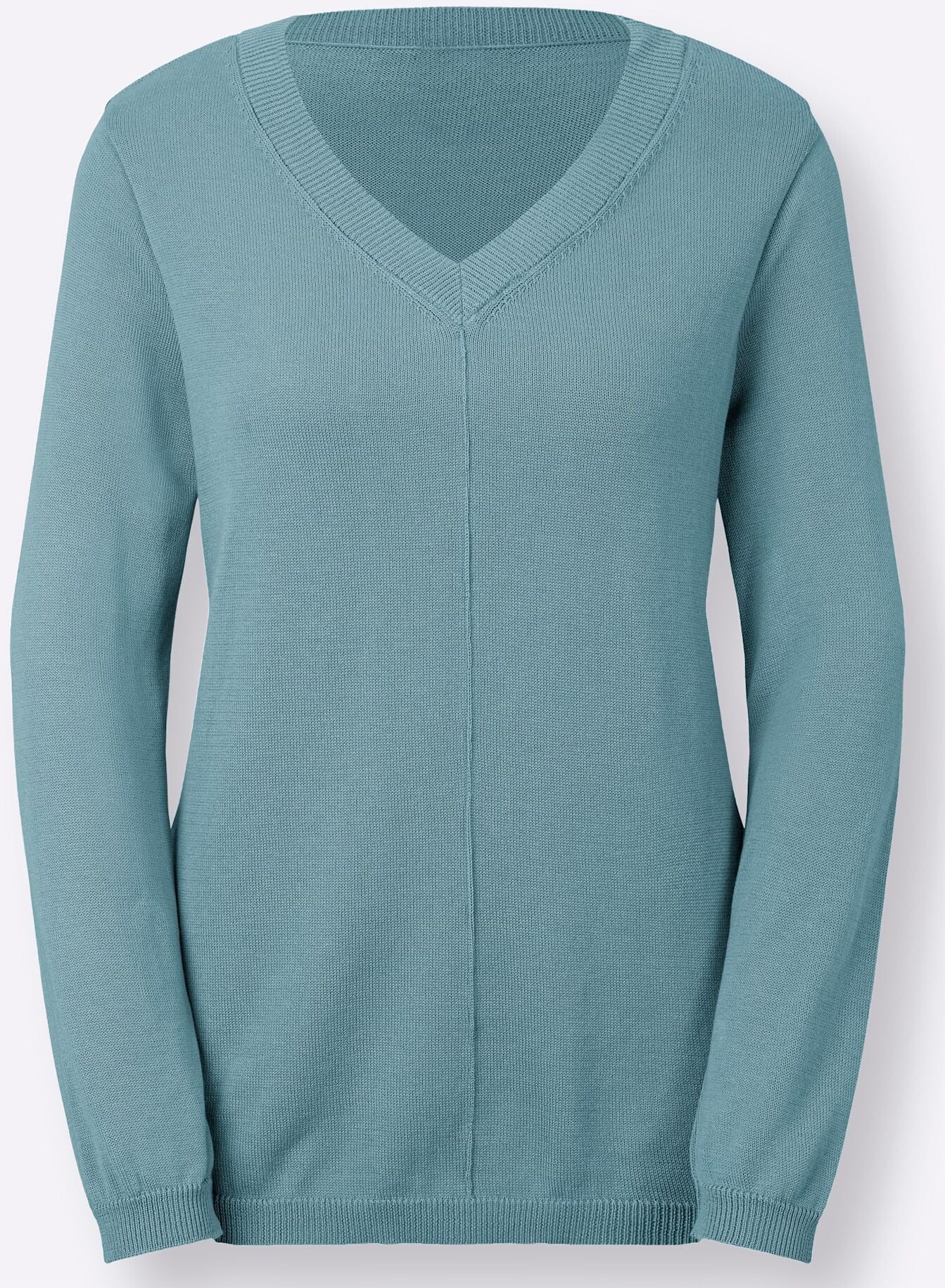 V-Ausschnitt-Pullover INSPIRATIONEN "Pullover", Damen, Gr. 46, blau (wintertürkis), 100% Baumwolle, unifarben, Pullover V-Ausschnitt-Pullover wintertürkis 46
