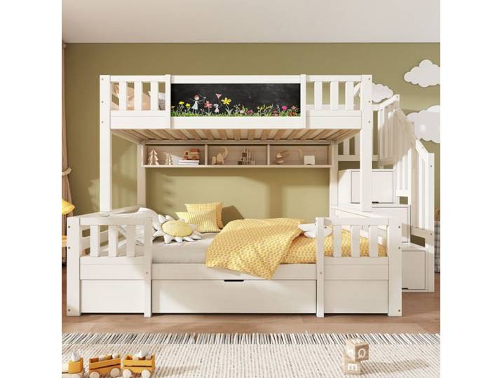 ROVRYN Lit superposé 3 places 90x200 et 140x200 en bois massif et MDF blanc avec rangements