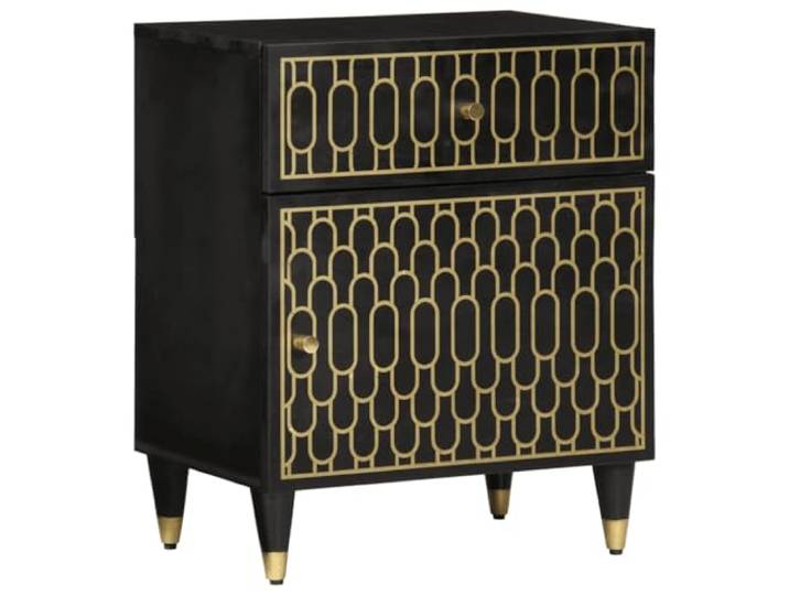 Coespram Nachttisch 50x33x60 cm Beistelltisch Massivholz Mango Schwarz Handgeschnitztes Blumenmuster und praktische Aufteilung mit Schublade und Türfach für ein elegantes Schlafzimmer.