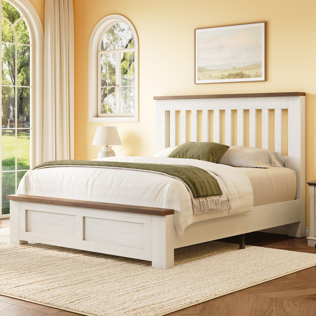 Brambly Cottage Farmhouse Wooden Panel Bed with Slatted Headboard White Kingsize(5')