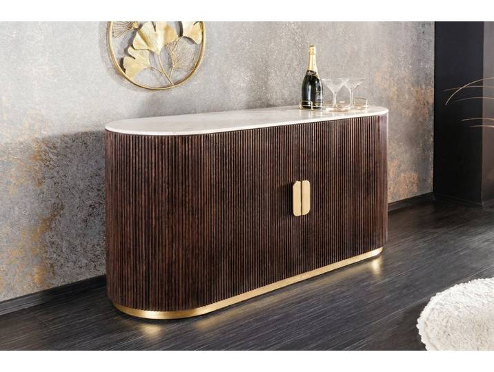 riess-ambiente Sideboard GATSBY 120cm braun/gold - Mangoholz, Massiv, weißer Marmor, Stauraum (Einzelartikel, 1 St), Eleganter Vintage-Schrank - ideal für Flaschen, Getränke und Geschirr