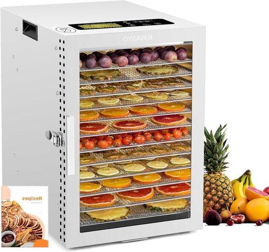 Lebensmitteltrockner aus Edelstahl - Dörrautomat für Obst - Gesunde Ernährung - Doppelventilator, 360 Grad - 12 Fächer - Silber