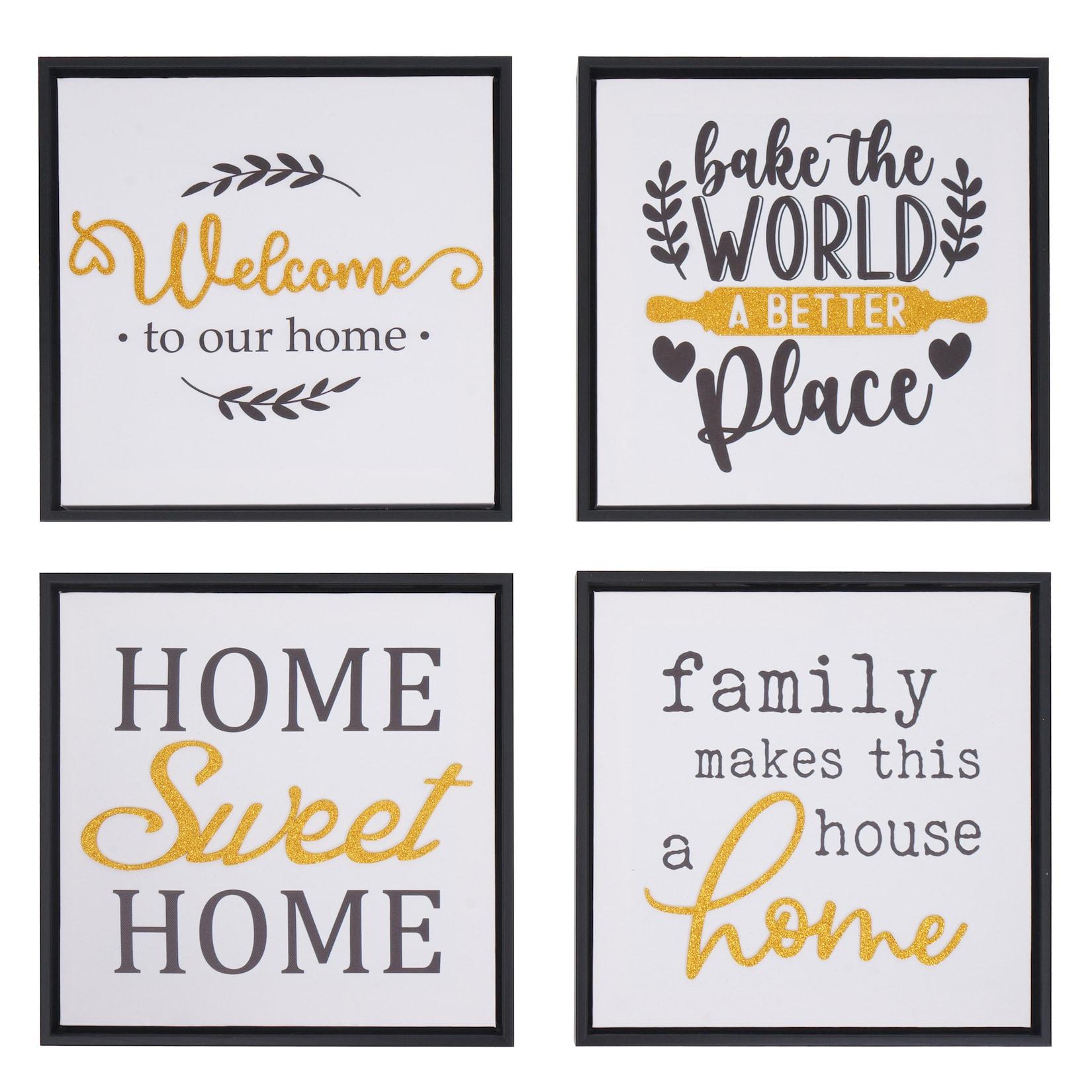 4er-Set Wandbild MCW-N96, Wanddekoration Bilderrahmen Sprüche Sweet Home Welcome World Family, Holz Leinwand 30x30cm