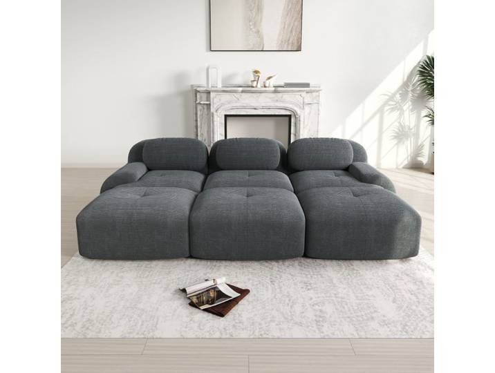 Canapé modulable - LUSCRIATE 3 places avec 3 poufs en velours côtelé adapté aux animaux de compagnie accoudoirs ultra-larges