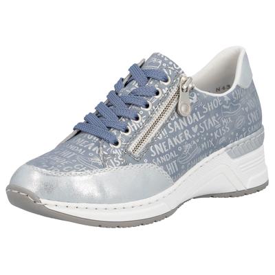 Sneaker RIEKER, Damen, Gr. 36, blau (hellblau), Lederimitat, metallic, Schuhe Sneaker, mit Lettern bedruckt, Freizeitschuh, Halbschuh, Schnürschuh, Topseller