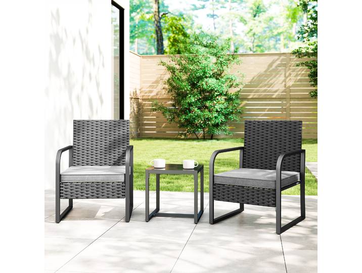 Outsunny Salon de Jardin Rotin 2 Fauteuils Table Verre Noir