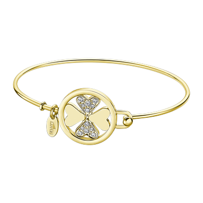 Armreif LOTUS "Essentials - Kleeblatt", gelbgoldfarben, kristallweiß, kristallweiß, Armbänder, Damen, Edelstahl, Armreif, mit Glasstein