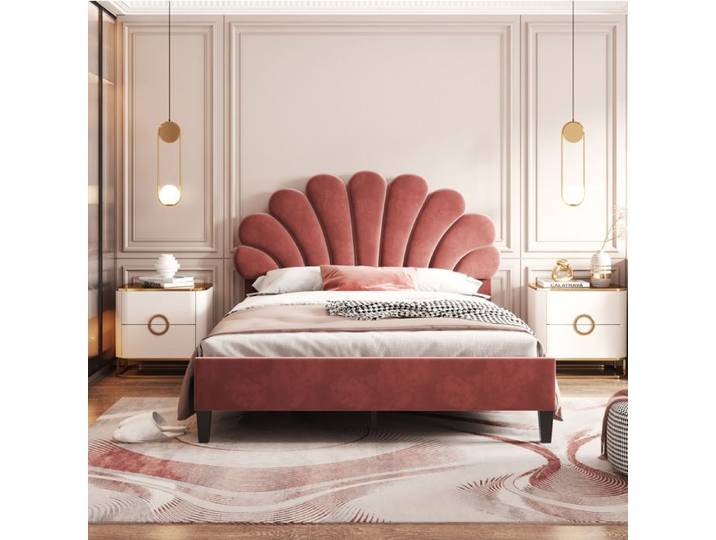 ROVRYN Lit double capitonné 140 x 200 cm avec sommier à lattes tête de lit fleur en velours rouge
