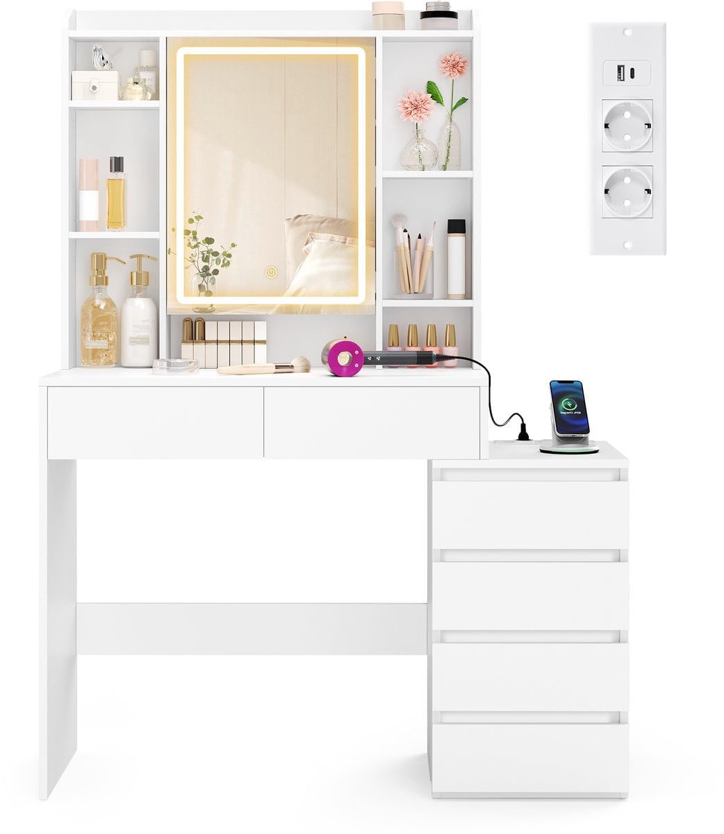 VASAGLE Kaptafel met LED-verlichte spiegel, oplaadstation en lades